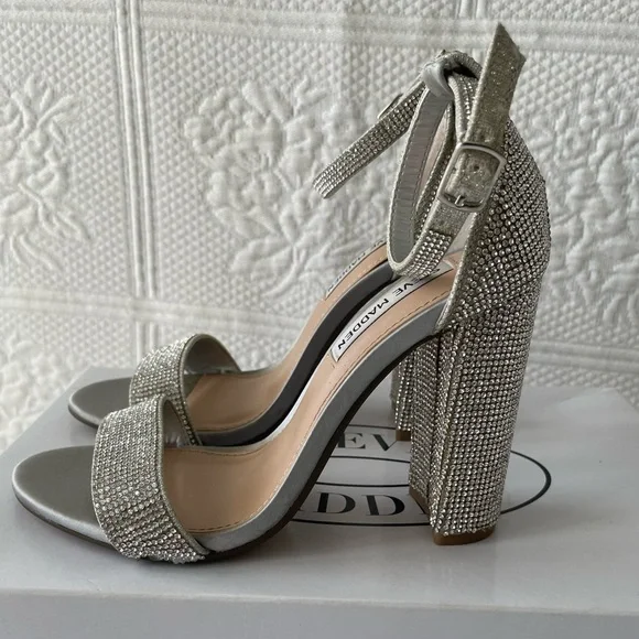 Steve Madden Carson-R Crystal Rhinestone Ankle Strap Open Toe Heels Silver 6 - Picture 2 of 13